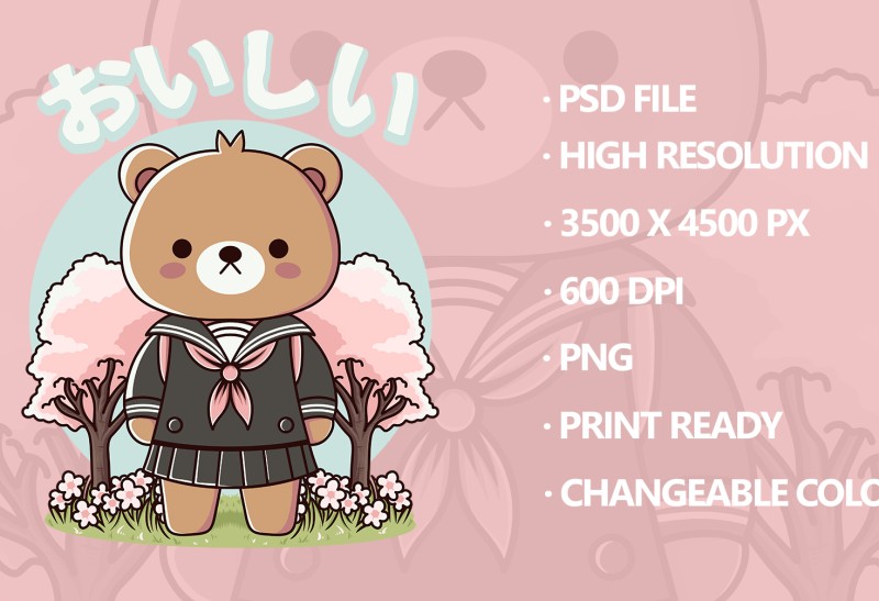 Gakuran Cute Bear Kids T-shirts Design — PNG, PSD commercial use t-shirt design