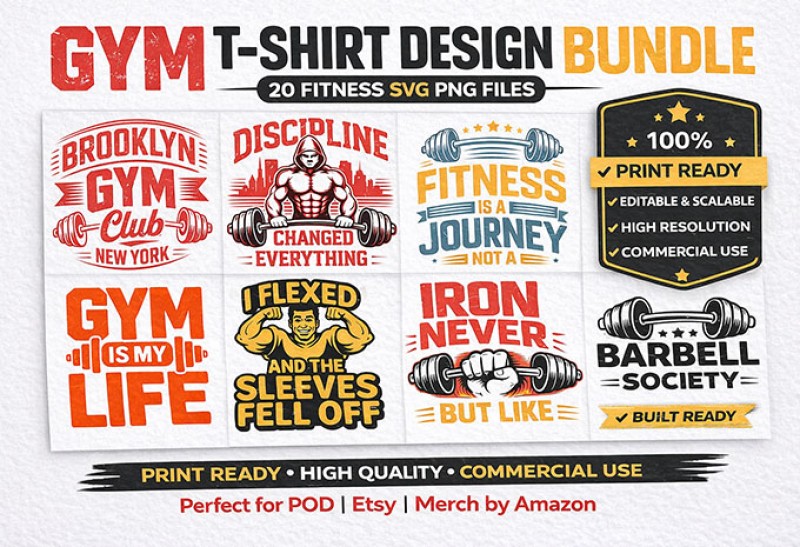 Gym T-Shirt Design Bundle 20 SVG PNG | Fitness Workout Graphic Pack